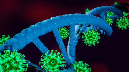 Blue DNA structure on blurred background attacked by SARS-CoV-2 Coronavirus - 3D Illustration