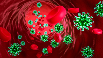 Blood Vessel and Blood Cell Coronavirus - 2019-nCoV, SARS-CoV-2 WUHAN virus concept. 3D Rendering of coronavirus. 3D Illustration
