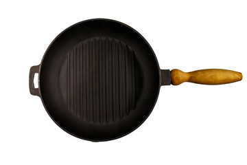 Empty cast iron grill frying pan isolated on white background