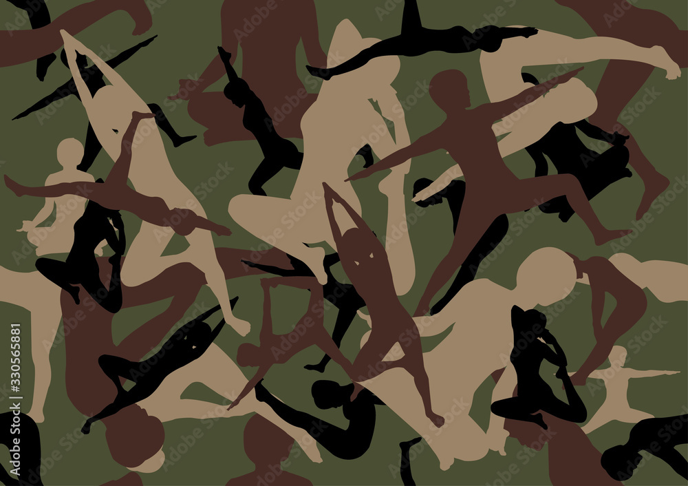 Wall mural silhouette yoga pose green camouflage - Wall murals