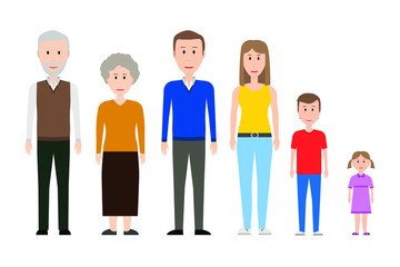 Members of big family. Father, mother, sister, brother, grandfather, grandmother. Vector illustration