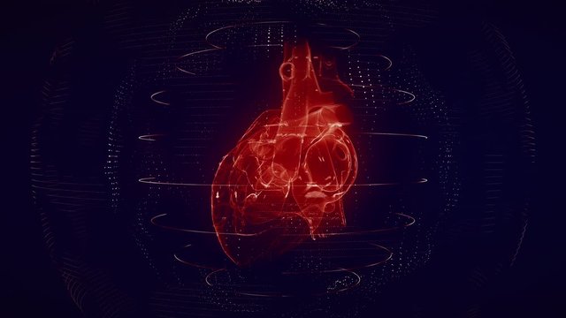 Anatomically correct red digital human heart seamless loop. Futuristic particle cardiac computer tomography scan with rotation looping 3D render. MRI future, disease, health and medical concept