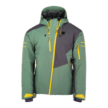 Men's Green Ski Jacket Isolated. Front View Water Resistant Hooded Winter Jacket with Cuffs Three Zippered Pockets. Zipper Pullover Coat & Adjustable Hood & Windproof Fabric. Winter Sports Outwear