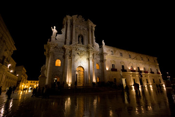 view of the cathedral of Ortigia by night, Syracuse, Sicily, Italy