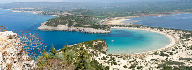 Fototapeta na wymiar Panoramic view of bay and lagoon Voidokoilia from fortress Palaikastro in Peloponnese,Greece