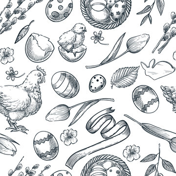 Easter holiday seamless pattern. Spring sketch vector illustration. Linear symbols of tulip, eggs, chicken, willow