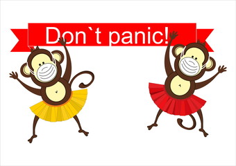 Monkey with inscription don`t panic in medical masks, protection from coronavirus