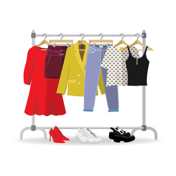 Clothes hanger with casual woman clothes, footwear