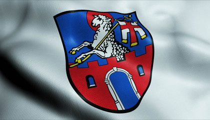 3D Waving Germany City Coat of Arms Flag of Osterhofen Closeup View