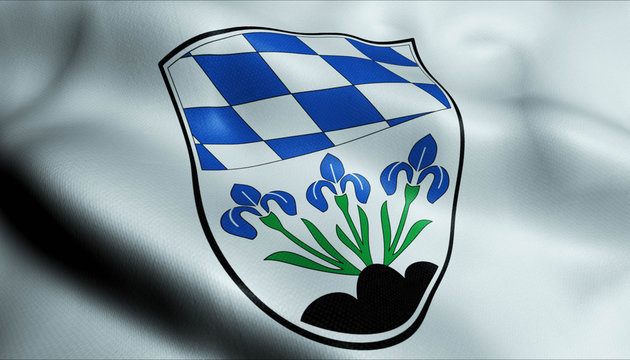 3D Waving Germany City Coat of Arms Flag of Plattling Closeup View