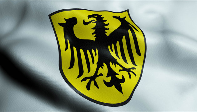 3D Waving Germany City Coat of Arms Flag of Pfullendorf Closeup View