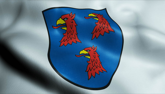 3D Waving Germany City Coat of Arms Flag of Pasewalk Closeup View