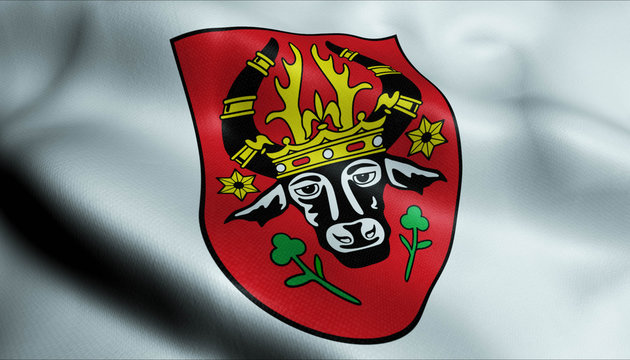 3D Waving Germany City Coat of Arms Flag of Parchim Closeup View