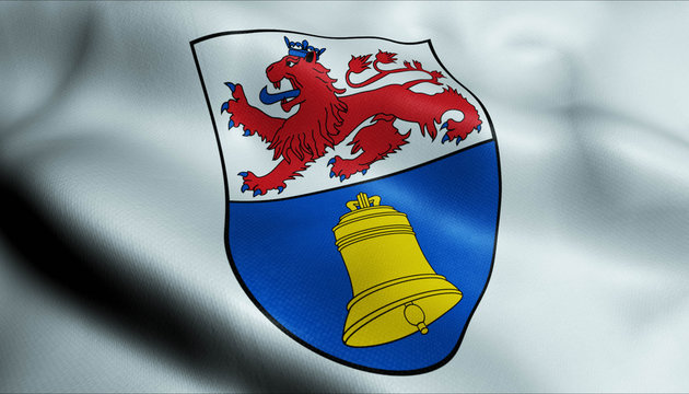 3D Waving Germany City Coat of Arms Flag of Overath Closeup View
