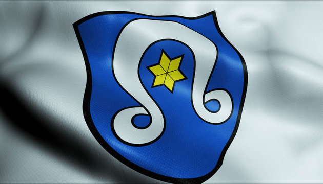 3D Waving Germany City Coat of Arms Flag of Ostringen Closeup View