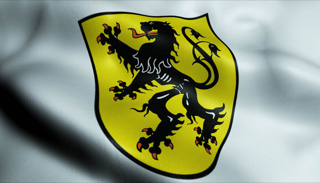 3D Waving Germany City Coat of Arms Flag of Ortrand Closeup View