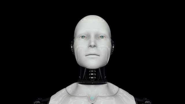 Robot android is activated and raises its head. The camera zooms in. On a black background. 4K. 3D animation.