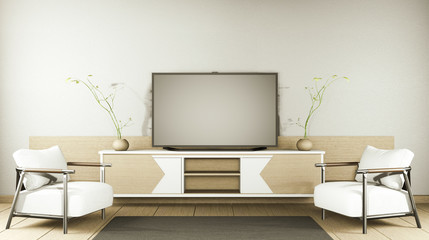 TV cabinet and display japanese interior of living room and the black background for editing. 3d rendering