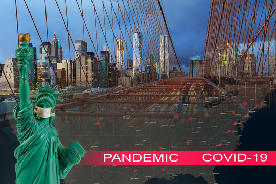 Brooklyn Bridge With USA Quarantine Pandemic With Coronavirus COVID-19 US Map Attack Coronavirus In The Statue Of Liberty New York City Skyline