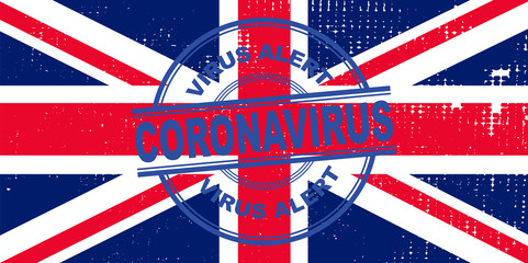 Fototapeta na wymiar Coronavirus alert stamp UK. Covic-19 alert in United Kingdom. Vector illustration with UK flag background.