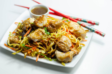 Cooked chicken breast pieces with savory garlic and ginger soy sauce and  noodles, black fungus mushrooms, savoy cabbage, and carrot