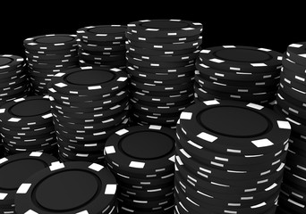 Black poker chips on black glossy background. 3D Illustration