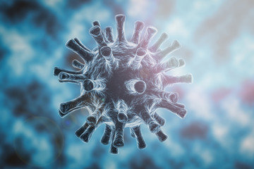 Fototapeta na wymiar Single virus in 3D, with lense flare, rendering, Covid-19 coronavirus, inside the body