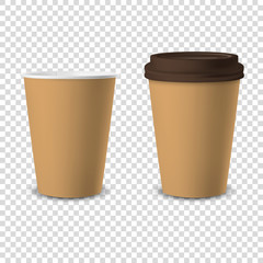 Vector 3d Realistic Brown Disposable Opened and Closed with Brown Lid Paper, Plastic Coffee Cup for Drinks Icon Set Closeup Isolated on Transparent Background. Design Template, Mockup. Front View