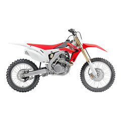 Fototapeta na wymiar Red White Off Road Motorcycle Isolated on White Background. Modern Supercross Motocross Dirt Bike Side View. AWD All Wheel Drive Racing Sportbike. Personal Transport. 3D Rendering
