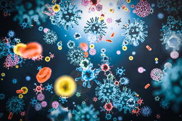 Fototapeta na wymiar Different viruses in 3D, with lense flare, rendering, Covid-19 coronavirus, inside the body