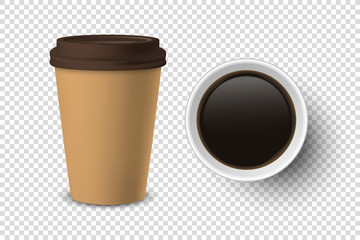 Vector 3d Realistic Brown Disposable Closed and Opened Paper, Plastic Coffee Cup for Drinks with White Lid Set Closeup Isolated on Transparent Background. Design Template, Mockup. Top and Front View
