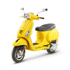 Scooter Vintage rétro jaune isolé sur fond blanc. Transport personnel moderne. Vue latérale du scooter classique. Moto électrique avec cadre pas à pas. Rendu 3D