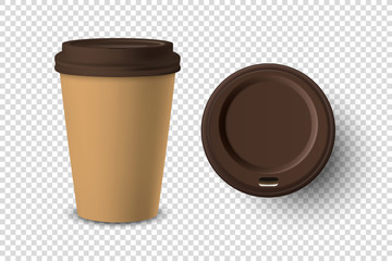 Vector 3d Realistic Brown Disposable Closed and Opened Paper, Plastic Coffee Cup for Drinks with Brown Lid Set Closeup Isolated on Transparent Background. Design Template, Mockup. Top and Front View