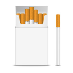 Vector Realistic Opened Clear Blank Cigarette Pack Box and Cigarette Set Closeup Isolated on Transparent Background. Design Template. Smoke Problem Concept, Tobacco, Cigarette Mockup. Front View