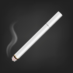 Vector 3d Realistic White Clear Blank Whole Lit Cigarette with Smoke Icon Closeup Isolated on Black Background. Design Template. Smoke Problem Concept, Tobacco, Cigarette Mockup