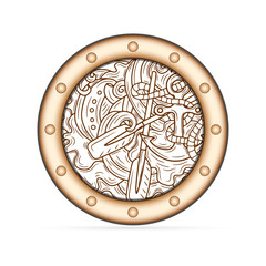 Doodle porthole with sea icon isolated on white. Marine pattern with boat, paddle, wave. Outline antistress coloring. Vector stock illustration