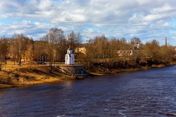 Church of the assumption with a bell tower in Pskov, Russia.