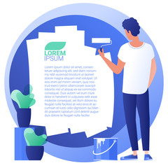 Rear view of painter man painting big white copy space the blue on blank wall, with paint roller.