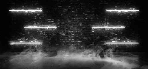 Sci Fi Futuristic Smoke Fog Neon Laser Lines Garage Brick Room Classic White Cyber Underrgound Warehouse Concrete Reflective Studio Podium Club 3D Rendering