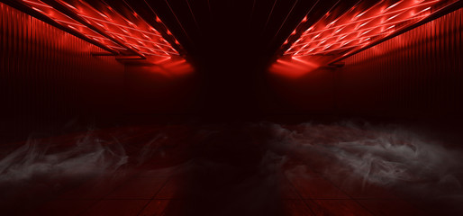 Smoke Neon Laser Sci Fi Futuristic Cyber Lights Red Pantone Modern Tunnel Corridor Underground Warehouse Garage Concrete Grunge Reflective Alien 3D Rendering