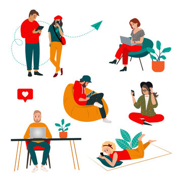 Colorful people set of communication via the Internet, social networking, web site, search friends, messages, video, chat. People work and communicate using the Internet and modern gadgets. Vector