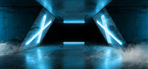 Fototapeta premium Smoke Laser Neon Pantone Glowing Blue Tunnel Corridor Triangle Columns Cement Concrete Industrial Warehouse Hallway Parking Car Showroom underground Garage 3D Rendering