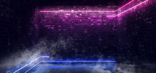 Smoke Futuristic Lines Neon Glowing Laser Purple Pantone Blue Sci Fi Brick Club Fashion Dance Club Garage Warehouse Studio Concrete Cement Floor Cyber Alien 3D Rendering
