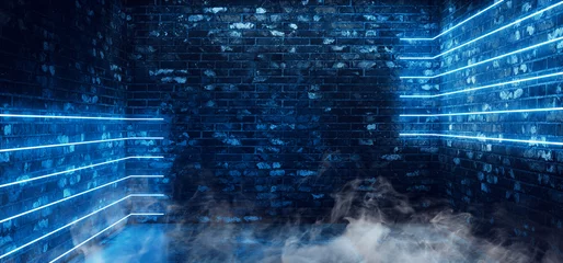 Rauch Futuristische Linien Neonglühender Laser Klassisch Pantone Blau Sci Fi Brick Club Fashion Dance Club Garage Warehouse Studio Beton Zementboden Cyber Alien 3D-Rendering © IM_VISUALS