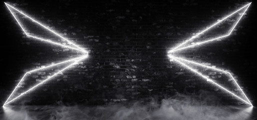 Naklejka premium Smoke Futuristic Wings Pointers Arrows Neon Glowing Laser White Sci Fi Brick Club Fashion Dance Club Garage Warehouse Studio Concrete Cement Floor Cyber Alien 3D Rendering