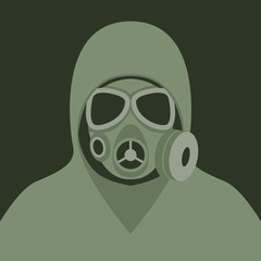 man in a protective suit and gas mask with glasses