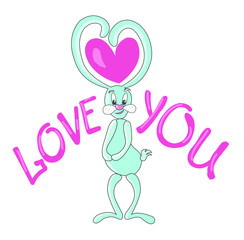 Fototapeta na wymiar Stock vector illustration. A cute bunny of blue color, in which the ears repeat the shape of a heart. The text is written - love you