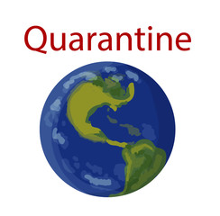 Stock vector illustration. Planet Earth. The text is written- Quarantine. The illustration is drawn on a white background.