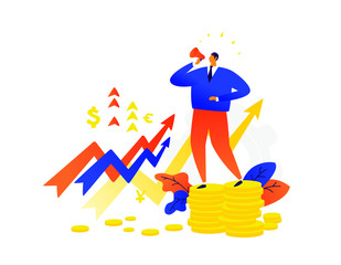Illustration of a businessman speaking into a megaphone. Vector. The fall of stocks, assets, bonds. Exchange rates. Graphs of falling and rising currencies. Price increases and inflation. Flat busines