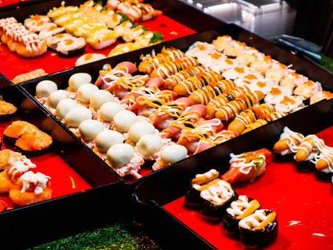 Overhead japanese sushi food. Maki ands rolls.